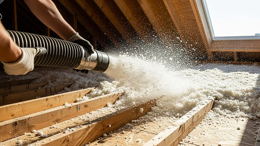 Blown-in fiberglass insulation being installed in an attic