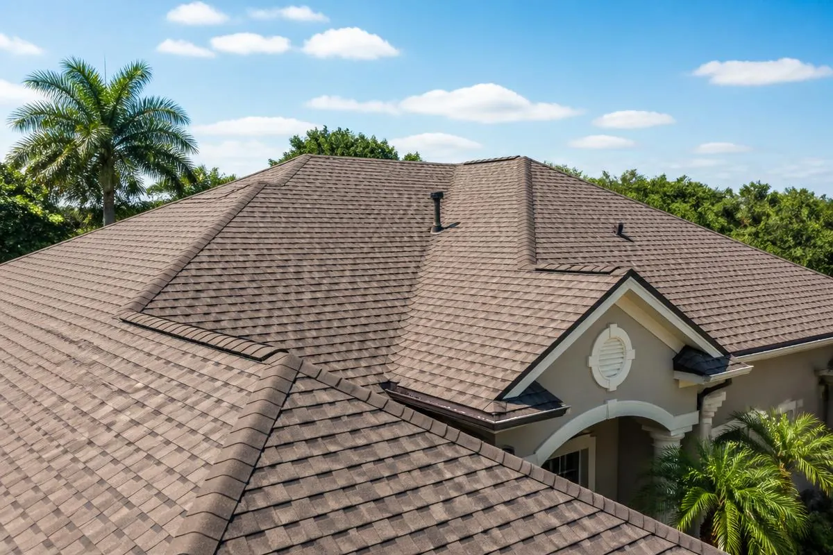 Florida home with an aging shingle roof under palm trees