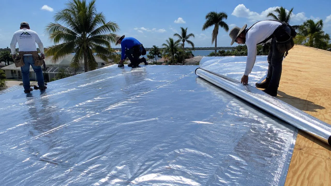 Roofing crew installing reflective aluminum radiant barrier foil underlayment on a Florida roof deck