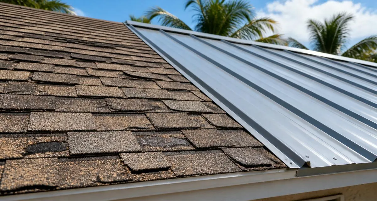 Aging shingle roof beside a new metal roofing panel on a Florida home