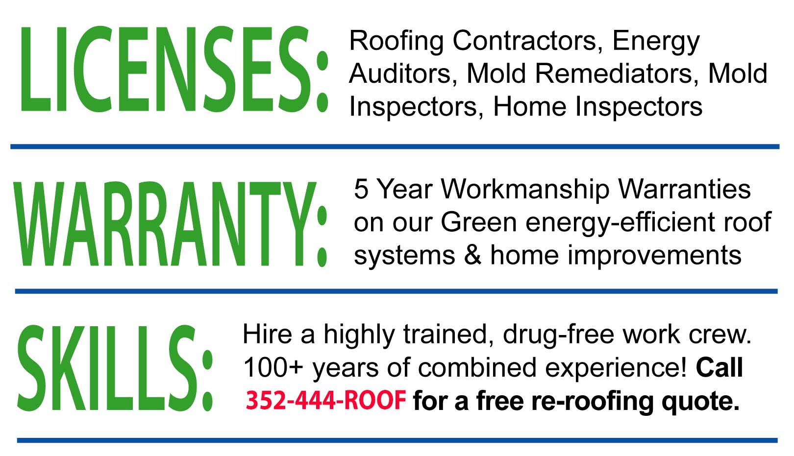 warranty-skills-licenses 352-444-Roof Licences, skills and warranty
